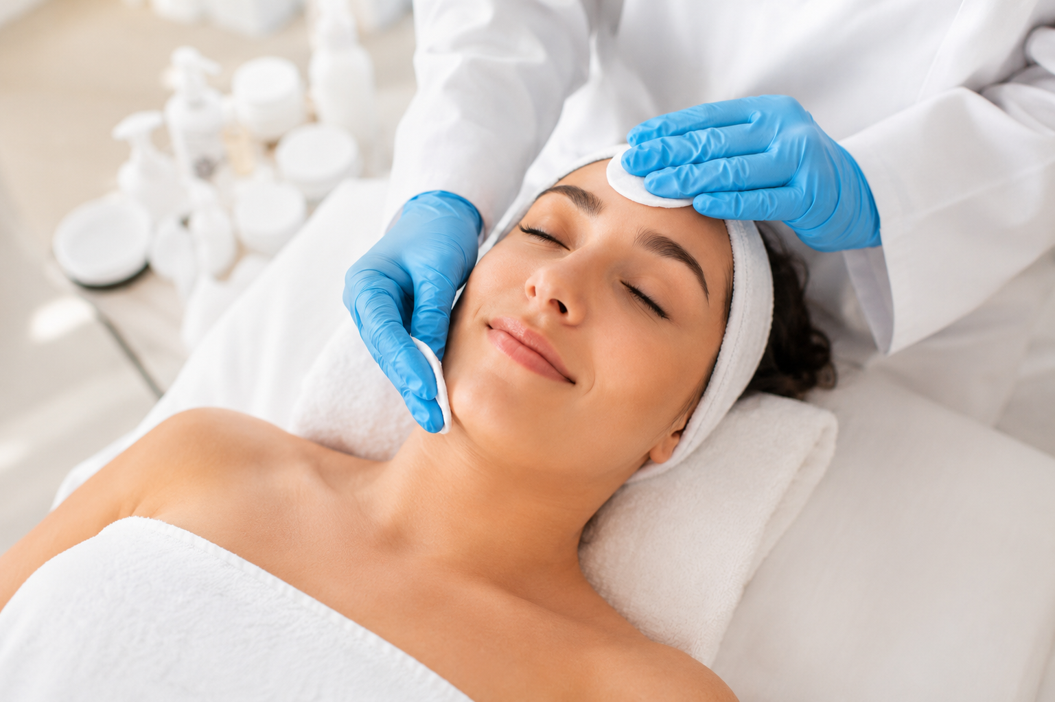 Happy, refreshed young woman laying back while a provider cleans her face after a facial treatment.